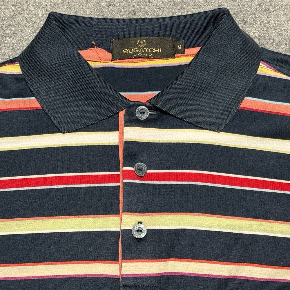 Bugatchi Polo Shirt Mens M/L Blue Yellow Red Striped Mercerized Cotton